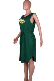 Green Casual Print Patchwork Draw String Pocket V Neck Sleeveless Plus Size Dresses