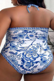 Blue Sportswear Print Patchwork Swimwears(With Paddings)