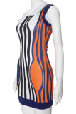 Multicolor Sweet Print Patchwork Zipper Asymmetrical Collar Printed Dresses