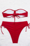 Rose Red Sportswear Solid Patchwork Draw String Fold Swimwears(With Paddings)