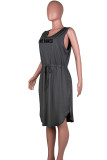 Dark Gray Casual Print Bandage Patchwork Pocket Slit V Neck One Step Skirt Plus Size Dresses