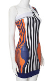Multicolor Sweet Print Patchwork Zipper Asymmetrical Collar Printed Dresses