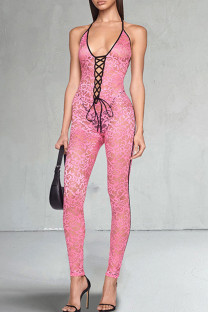 Pink Sexy Lace Patchwork Backless Cross Straps Halter Skinny Jumpsuits