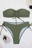 Army Green Sportswear Solid Patchwork Draw String Fold Swimwears(With Paddings)