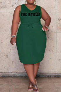 Green Casual Print Bandage Patchwork Pocket Slit V Neck One Step Skirt Plus Size Dresses