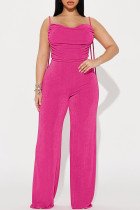 Rose Red Sweet Solid Patchwork Fold Spaghetti Strap Regular Jumpsuits