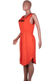 Orange Red Casual Print Bandage Patchwork Pocket Slit V Neck One Step Skirt Plus Size Dresses