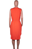 Orange Red Casual Print Patchwork Draw String Pocket V Neck Sleeveless Plus Size Dresses