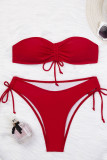Red Sportswear Solid Patchwork Draw String Fold Swimwears(With Paddings)