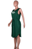 Green Casual Print Bandage Patchwork Pocket V Neck Sleeveless Plus Size Dresses