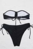 Black Sportswear Solid Patchwork Draw String Fold Swimwears(With Paddings)
