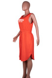 Orange Red Casual Print Bandage Patchwork Pocket V Neck Sleeveless Plus Size Dresses