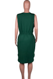Green Casual Print Patchwork Draw String Pocket V Neck Sleeveless Plus Size Dresses