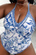 Blue Sportswear Print Patchwork Swimwears(With Paddings)