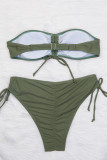 Army Green Sportswear Solid Patchwork Draw String Fold Swimwears(With Paddings)