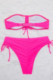 Rose Red Sportswear Solid Patchwork Draw String Fold Swimwears(With Paddings)