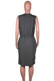 Dark Gray Casual Print Bandage Patchwork Pocket Slit V Neck One Step Skirt Plus Size Dresses