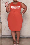 Orange Red Casual Print Bandage Patchwork Pocket V Neck Sleeveless Plus Size Dresses