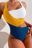 Yellow Blue Sportswear Color Block Patchwork Contrast Swimwears(With Paddings)