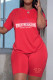 Red Street Print Patchwork Pocket O Neck Short Sleeve Two Pieces