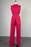 Rose Red Sweet Solid Patchwork Buckle Turndown Collar Sleeveless Two Pieces