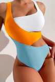 White Yellow Sportswear Color Block Patchwork Contrast Swimwears(With Paddings)