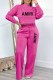 Rose Red Casual Print Letter O Neck Long Sleeve Two Pieces