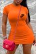 Tangerine Red Casual Print Letter O Neck One Step Skirt Dresses