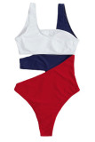 Blue White Sportswear Color Block Patchwork Contrast Swimwears(With Paddings)