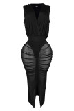 Black Sexy Solid Patchwork See-through High Opening Fold V Neck Long Dresses
