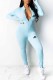 Light Blue Sexy Print Letter Zipper Collar Jumpsuits