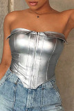 Silver Sexy Solid Patchwork Zipper Strapless Tops