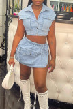 Light Blue Street Solid Patchwork Pocket Frenulum Buckle High Opening Slit Cardigan Collar Short Sleeve Two Pieces