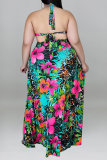 Green Casual Print Bandage Patchwork High Opening Halter Plus Size Two Pieces