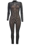 Black Sexy Patchwork See-through Pearl Hot Drill O Neck Skinny Jumpsuits