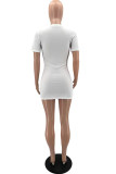White Casual Print Letter O Neck One Step Skirt Dresses