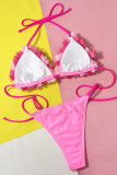 Pink Sportswear Floral Bandage Patchwork Swimwears(With Paddings)