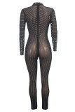 Black Sexy Patchwork See-through Pearl Hot Drill O Neck Skinny Jumpsuits