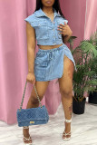 Light Blue Street Solid Patchwork Pocket Frenulum Buckle High Opening Slit Cardigan Collar Short Sleeve Two Pieces