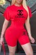 Red Casual Print Letter O Neck Short Sleeve Two Pieces