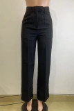 Black Casual Solid Patchwork Zipper Straight High Waist Wide Leg Solid Color Bottoms