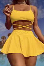 Yellow Sportswear Solid Bandage Patchwork 3 Piece Sets(With Paddings)