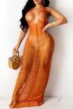 Rose Red Sexy Solid Patchwork See-through Weave V Neck Long Dresses