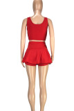Rose Red Sweet Sportswear Solid Patchwork U Neck Sleeveless Two Pieces
