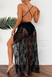 Black Sportswear Solid Lace Patchwork See-through Backless Swimwears(With Paddings)