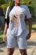 Grey Elegant Character Print Letter O Neck Short Sleeve Two Pieces