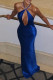 Blue Elegant Solid Bandage Patchwork Backless Halter Long Dresses