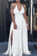 White Work Solid Bandage Hollowed Out Patchwork Backless High Opening Halter Long Dresses
