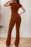 Brown Casual Solid Patchwork Square Collar Skinny Jumpsuits
