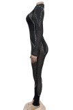 Black Sexy Hot Drilling Patchwork See-through Mesh O Neck Skinny Jumpsuits